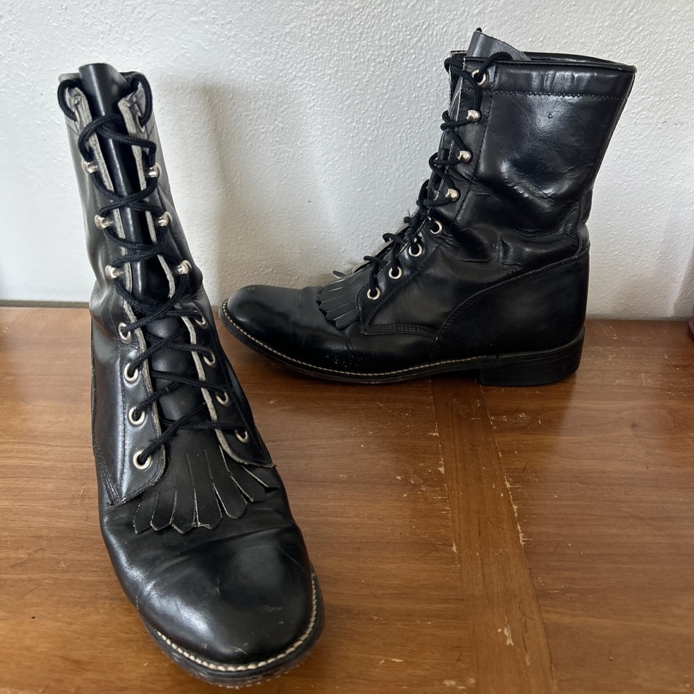 Justin USA Western Black Leather Lace Up Womens L506 Kiltie Combat Boots 8B